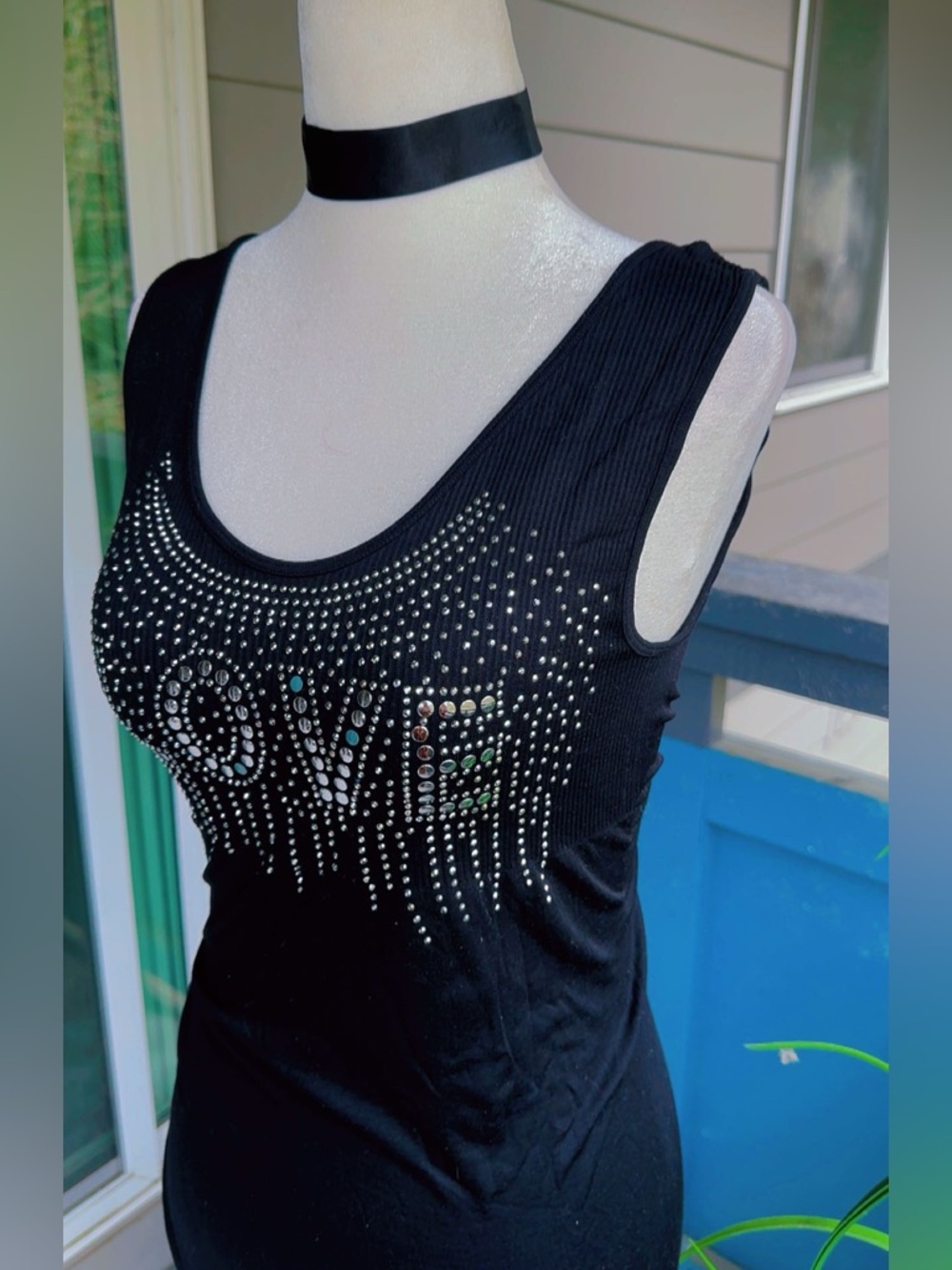 Black Embellished 'LOVE' Scoop Neck Tank Top dress sz M - Picture 2 of 6
